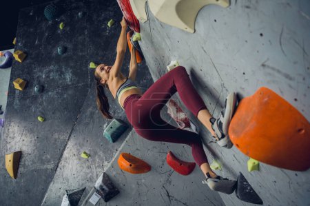 Foto de Una fuerte escaladora trepa por una pared artificial con pintorescos agarres y cuerdas - Imagen libre de derechos