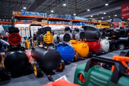 Photo for Showcase in shop of new air compressors. - Royalty Free Image