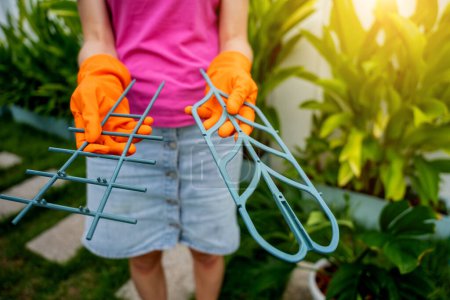 Photo for A young woman takes care of the garden and tying up plants. - Royalty Free Image