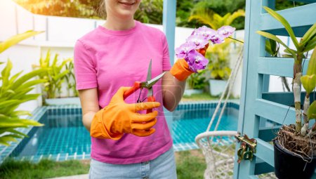 Photo for A young woman takes care of the garden, waters, fertilizes and prunes plants. - Royalty Free Image