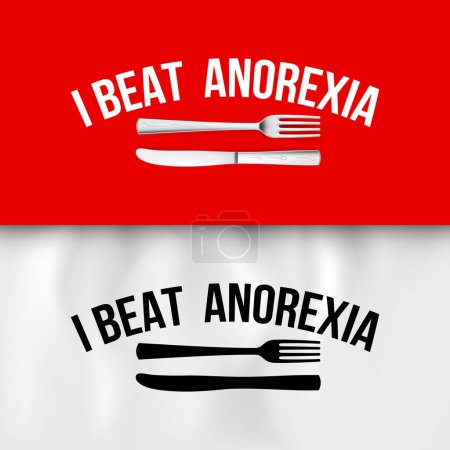 Illustration for I Beat Anorexia: Ironic Slogan with Fork and Knife on White and Red Tablecloth - Royalty Free Image