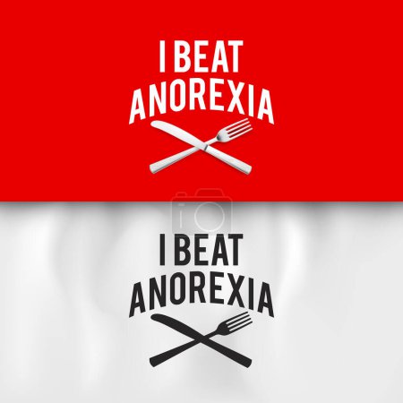 Illustration for I Beat Anorexia: Ironic Slogan with Fork and Knife on White and Red Background for Creative Idea - Royalty Free Image