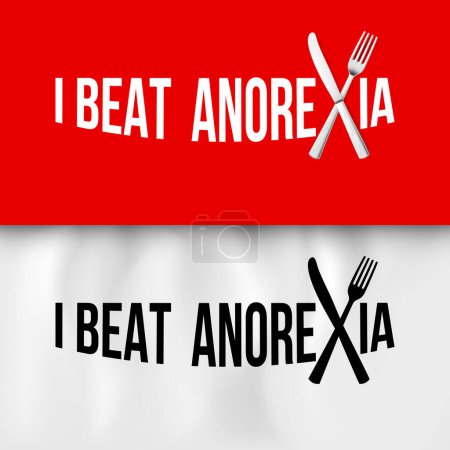 Illustration for I Beat Anorexia: Ironic Slogan with Fork and Knife on White and Red Tablecloth for Design - Royalty Free Image