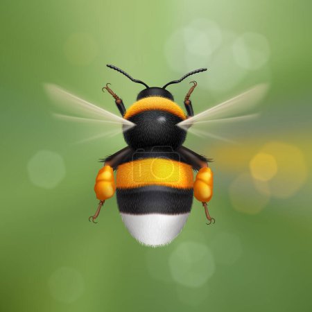 Téléchargez les illustrations : Illustration of Flying Bumblebee Species Bombus Terrestris Nom commun bourdon à queue chamois ou bourdon de grande taille. Vue du dessus sur Flou Nature Arrière-plan - en licence libre de droit