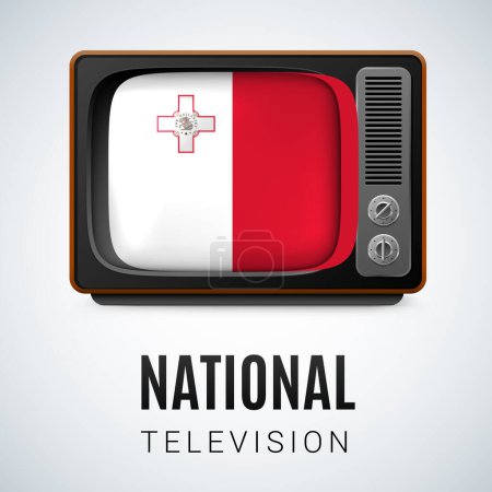 Téléchargez les illustrations : Vintage TV et drapeau de Malte comme symbole de la télévision nationale. Récepteur Télé avec drapeau maltais - en licence libre de droit