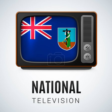 Téléchargez les illustrations : Vintage TV et drapeau de l'île Montserrat comme symbole de la télévision nationale. Récepteur TV avec drapeau Montserrat Island. - en licence libre de droit