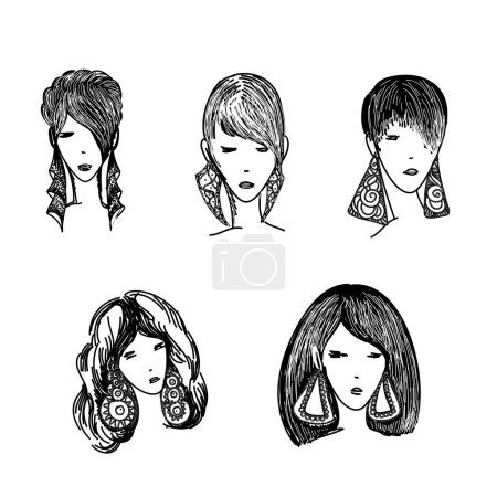 Téléchargez les illustrations : Ensemble de coiffures Avatar Femme Stylisé Logo Set. Femme Style de cheveux icônes emblème sur fond blanc - en licence libre de droit
