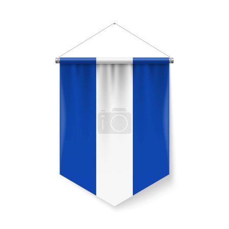 Drapeau vertical Pennant de El Salvadoras Icône sur blanc avec effets d'ombre. Panneau patriotique en couleur officielle et fleur Drapeau salvadorien avec pôles métalliques suspendus sur la corde