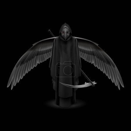 Pestarzt mit riesigen Flügeln über schwarzem Hintergrund. Mittelalterliches Todessymbol Pest Arztmaske isoliert auf schwarzem Hintergrund für Web, Poster, Infografik