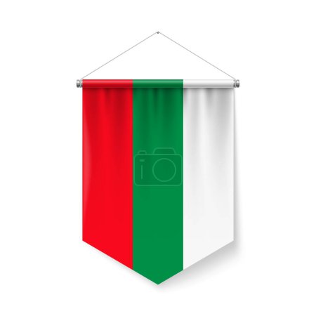Illustration for Vertical Pennant Flag of Bulgaria as Icon on White with Shadow Effects. Patriotic Sign in Official Color and Flower Bulgarian Flag with Metallic Poles Hanging on the Rope - Royalty Free Image