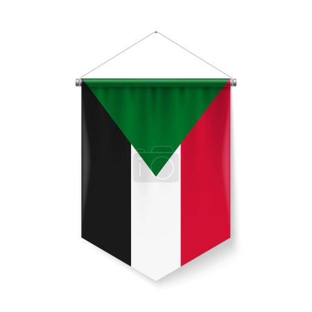 Vertical Pennant Flag of Sudan as Icon on White with Shadow Effects. Patriotic Sign in Official Color and Flower Sudanese Flag with Metallic Poles Hanging on the Rope