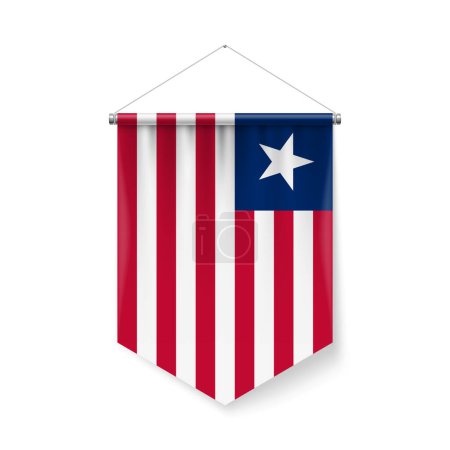 Vertical Pennant Flag of Liberia as Icon on White with Shadow Effects. Patriotic Sign in Official Color and Flower, Liberian Flag with Metallic Poles Hanging on the Rope