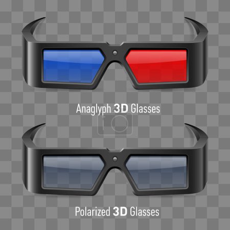 Illustration von Anaglyphen- und polarisierten 3D-Kinobläsern. Stereoskopische Brille isoliert Clipart auf transparentem Hintergrund. Movie Watching Accessoire Design Element