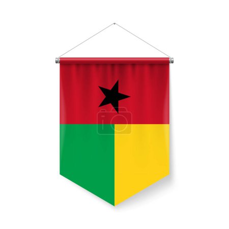 Vertical Pennant Flag of Guinea-Bissau as Icon on White with Shadow Effects. Patriotic Sign in Official Color and Flower, Flag with Metallic Poles Hanging on the Rope colors