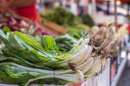 Foto de Espinacas en el mercado de alimentos puesto Ballaro en Palermo, Sicilia - Imagen libre de derechos