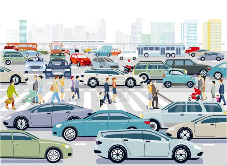 Photo for Cars on the road junction in traffic jam with pedestrian crossing, illustration - Royalty Free Image