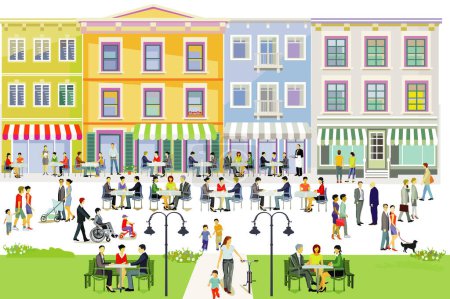 City silhouette with groups of people in leisure time in residential area, restaurants and bistros, illustration