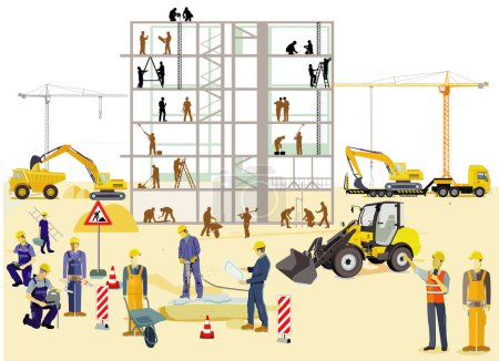 Téléchargez les photos : Entreprise de construction avec des constructeurs et des machines de construction illustration - en image libre de droit