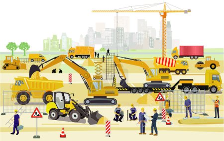 Téléchargez les photos : Site de construction avec pelles, machines de construction et camions lourds, illustration - en image libre de droit
