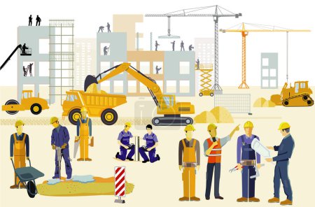 Foto de Construction site with architects, construction machines and heavy trucks, illustration - Imagen libre de derechos