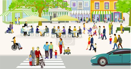 Stadtsilhouette mit Personengruppen in der Freizeit im Wohngebiet, Illustration