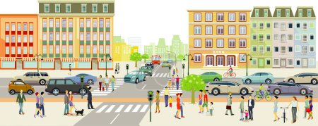 Photo for Urban silhouette of a big city with traffic and pedestrians, panorama, , illustration - Royalty Free Image