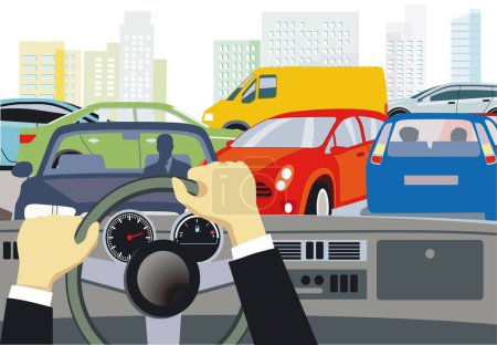 Illustration for Car on the crossroads in traffic jam,, illustration - Royalty Free Image