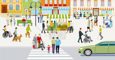 Téléchargez les illustrations : City silhouette with pedestrians in residential district, illustration - en licence libre de droit
