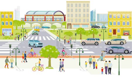 Illustration for People on crosswalk and road traffic in residential district, illustration - Royalty Free Image