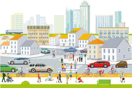 Téléchargez les illustrations : City silhouette with pedestrians and traffic in residential district, illustration - en licence libre de droit