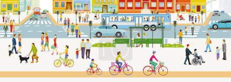 Ilustración de Silueta de ciudad con peatones en zona residencial y tráfico rodado,, ilustración - Imagen libre de derechos
