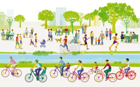 Deportes y recreación en el parque y ciclistas, ilustración