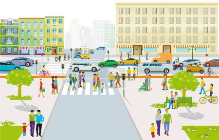Illustration for City silhouette with pedestrians in residential area and road traffic,, illustration - Royalty Free Image