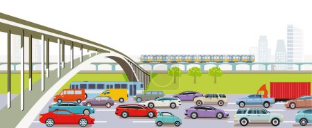 Ilustración de Motorway with express train, bus and passenger car, illustration - Imagen libre de derechos