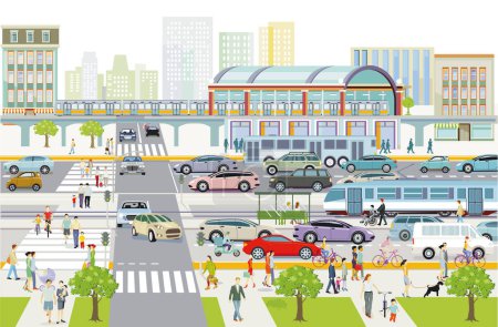 Téléchargez les illustrations : Silhouette de ville avec des piétons à la gare, et la circulation routière,, illustration - en licence libre de droit