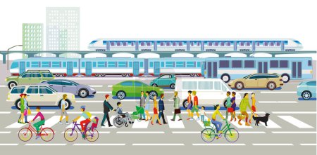Menschen auf dem Zebrastreifen und Straßen- und Schienenverkehr, Illustration