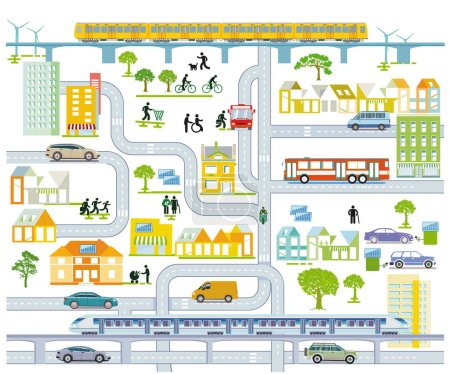 Stadtplan mit Verkehr und Häusern, Informationsillustration