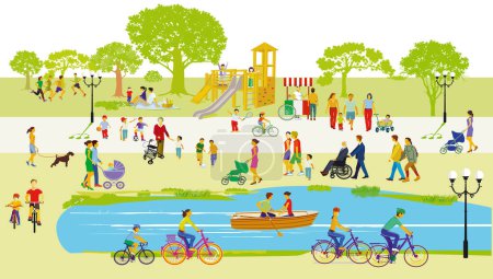 Illustration for Recreation in the park with families and other people, illustration - Royalty Free Image
