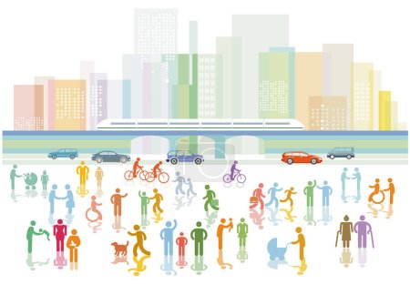 Ilustración de Colorido telón de fondo de la ciudad con grupo peatonal abstracto y familias en la acera - Imagen libre de derechos