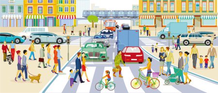 Illustration for City silhouette with road traffic and people on the crosswalk illustration - Royalty Free Image
