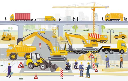 Téléchargez les illustrations : Construction de routes et ponts Site de construction avec constructeurs, illustration - en licence libre de droit