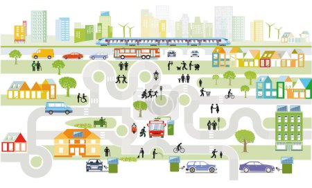 Photo for City overview with traffic and houses with alternative energy, information illustration - Royalty Free Image