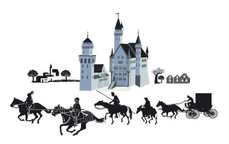 Illustration for Knight's castle with Knight's and carriage, illustration - Royalty Free Image