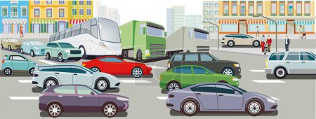 Illustration for Car on the road junction in traffic jam, illustration - Royalty Free Image