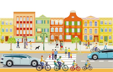 Illustration for City silhouette with pedestrians in residential area and road traffic,, illustration - Royalty Free Image