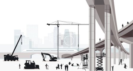 Illustration for Road construction and bridges Construction site with builders, illustration - Royalty Free Image