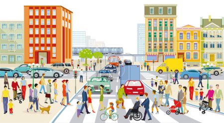 Illustration for Main street with people and road traffic and in front of buildings, illustration - Royalty Free Image