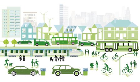 Ecological city with cyclists and passenger train, illustration