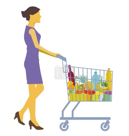 Téléchargez les illustrations : Illustration of a woman shopping in the supermarket, isolated on white - en licence libre de droit