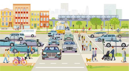 Illustration for Main street with people and road traffic in front of buildings, illustration - Royalty Free Image